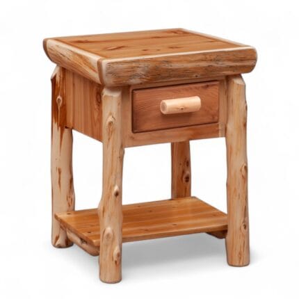 Solid wood nightstand showing natural knots and grain