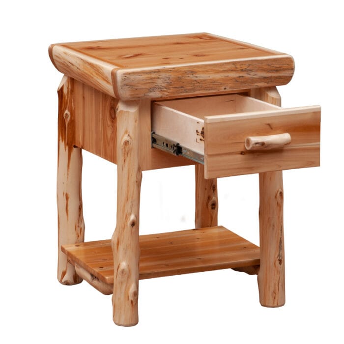 Handcrafted cedar nightstand with one drawer and open shelf