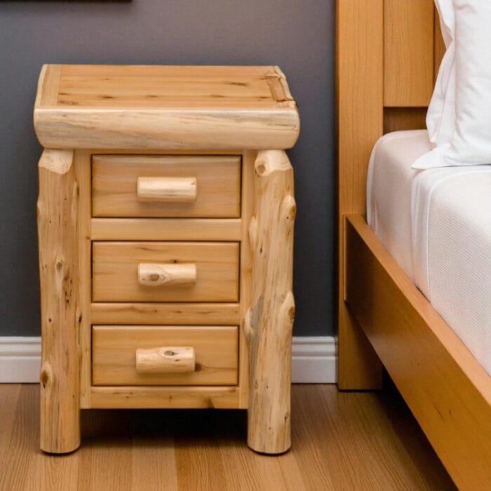 Cedar Log 3 Drawer Nightstand in rustic bedroom setting