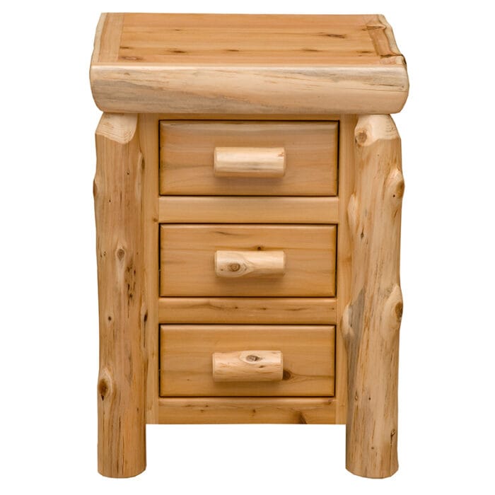 Rustic log nightstand in clear natural finish