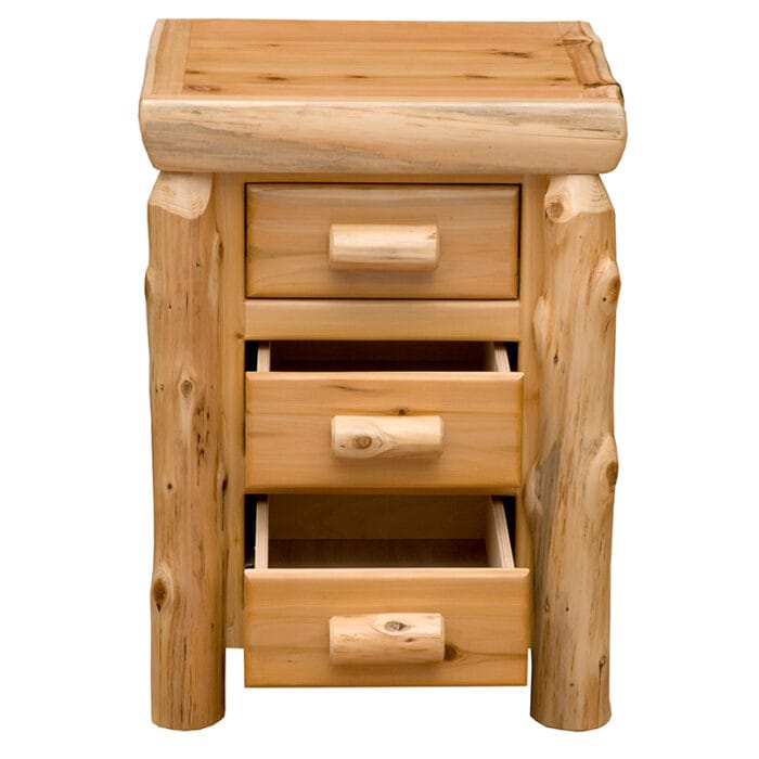 Side profile of 3 drawer cedar nightstand