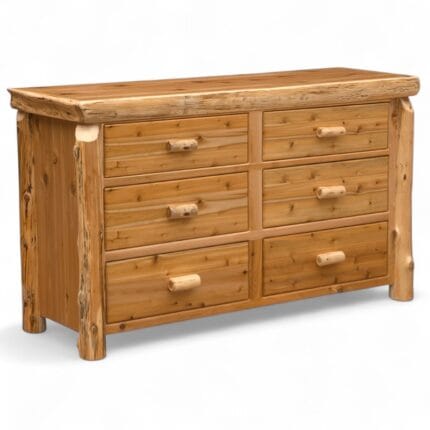 Handcrafted 6 drawer dresser in a rustic cedar bedroom