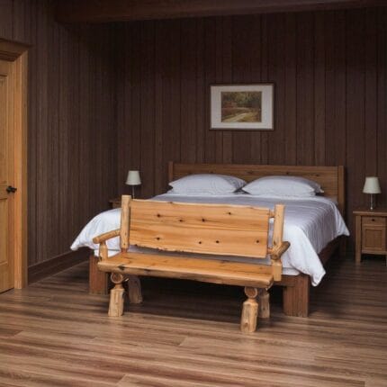 Cedar log bench with arms in rustic entryway