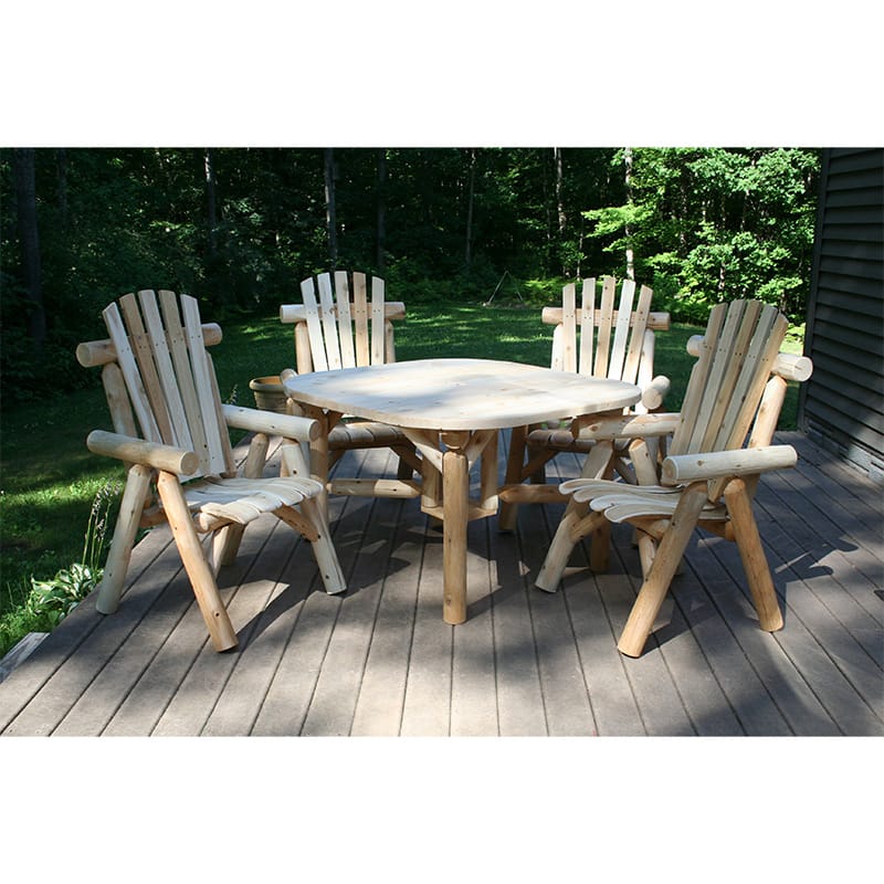 Handcrafted cedar log chair on patio