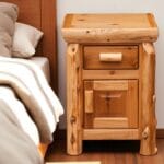 Cedar Log Enclosed Wooden Nightstand in rustic bedroom setting