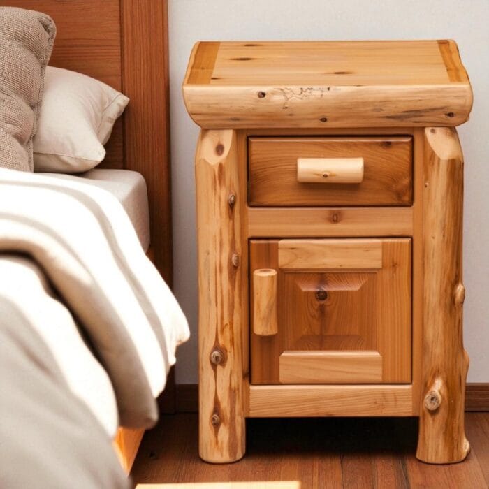Cedar Log Enclosed Wooden Nightstand in rustic bedroom setting