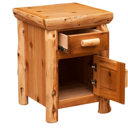 Side view of rustic wooden nightstand in clear finish