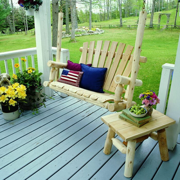 Rustic log end table on patio