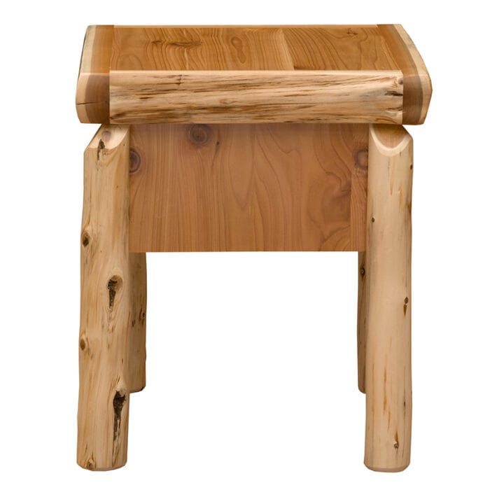 Nightstand corner detail highlighting hand-peeled cedar logs
