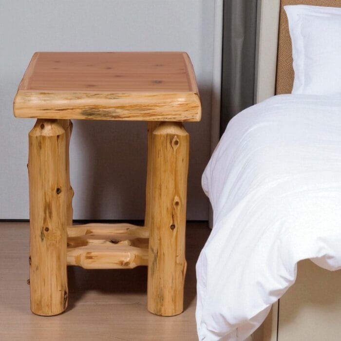 Cedar Log Open Nightstand in rustic bedroom setting