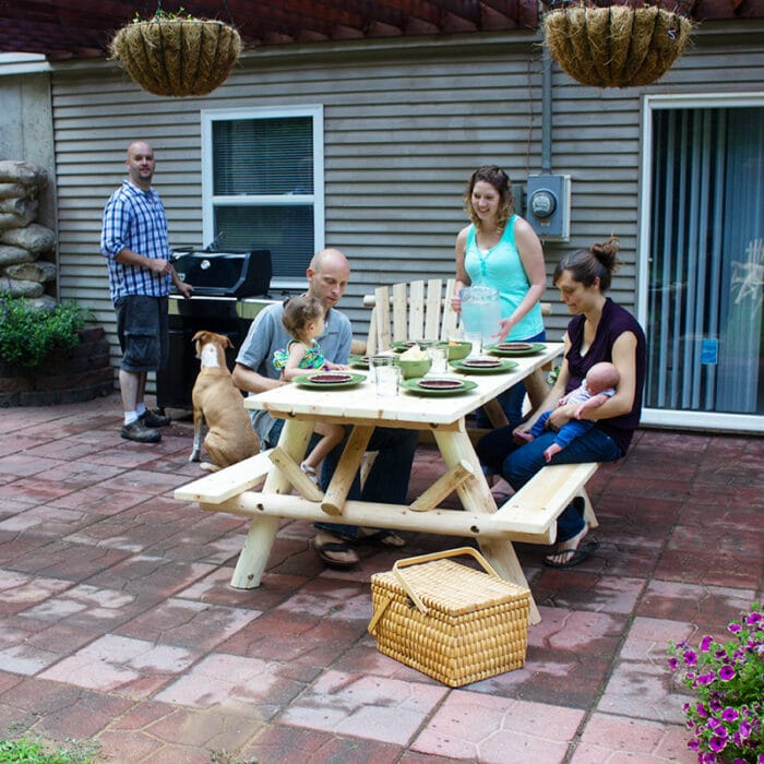 Overhead view of log picnic table set