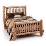 Close-up of small cedar spindles on the headboard