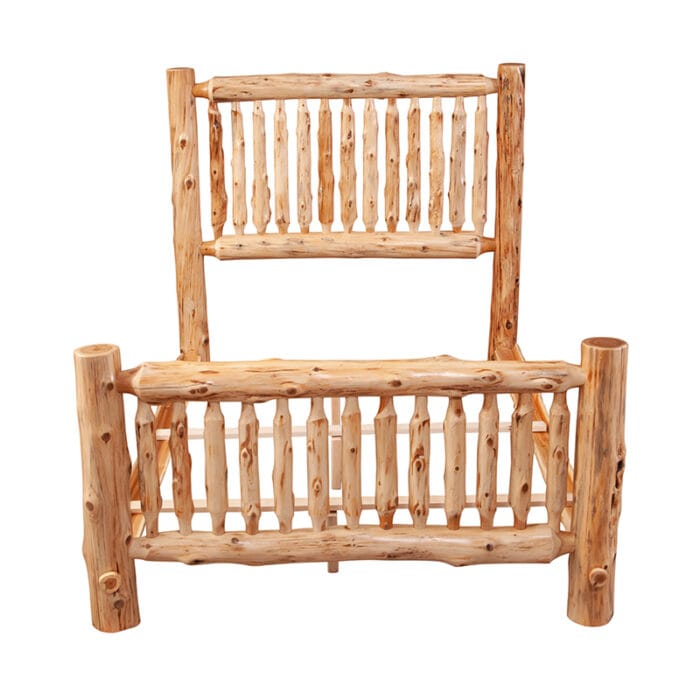 Side view of handcrafted log bed with slim spindles