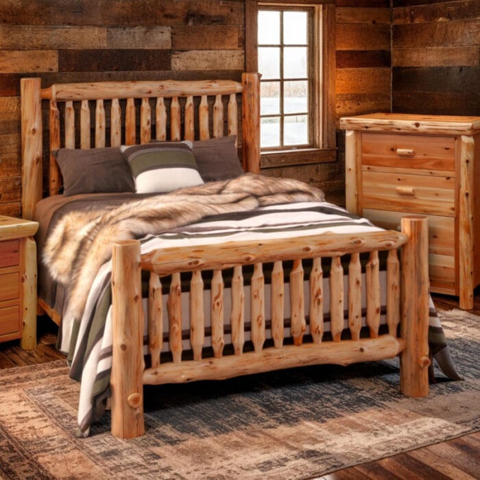 Full bedroom set featuring wood bed and matching furniture