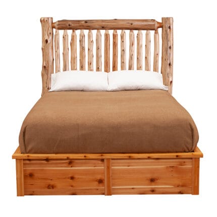 Wooden frame bed with handcrafted spindle headboard