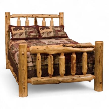 King size Cedar Log Traditional Bed with rustic bedding and wood-paneled walls