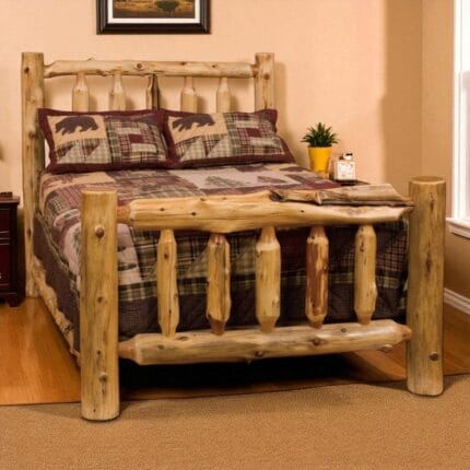 Handcrafted cedar bed frame showcasing thick log posts and spindle detail