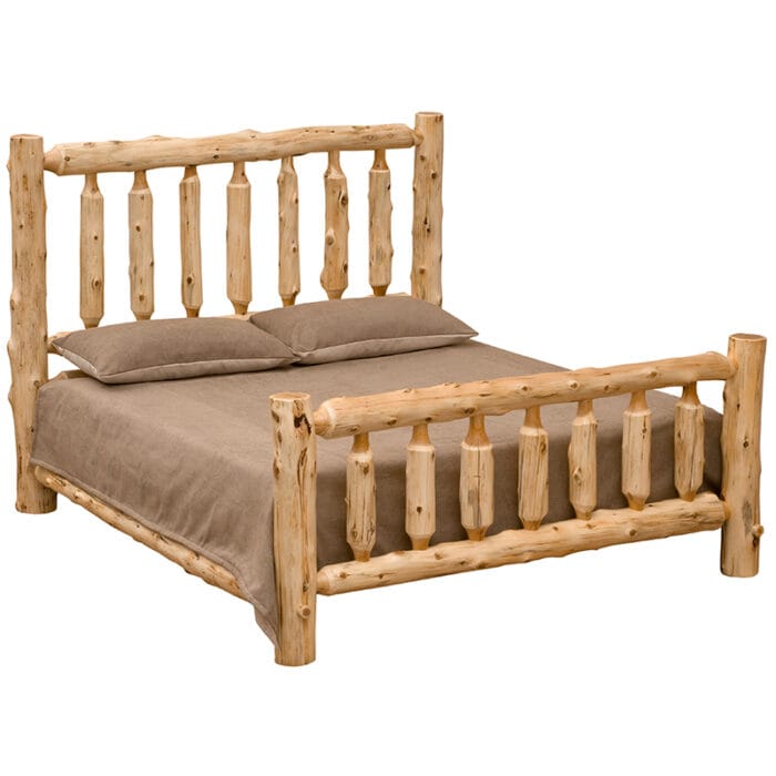 Footboard spindles of the traditional log bed in natural cedar finish