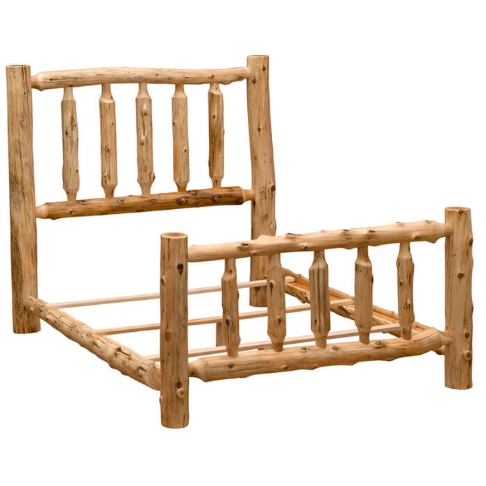 Cedar Log Traditional Bed displayed with ambient lodge lighting