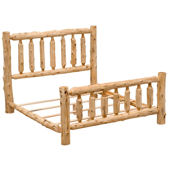 American-made log bed frame displayed in cabin-style room