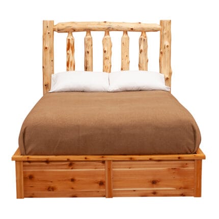 Cedar Log Traditional Platform Bed in rustic lodge-style bedroom
