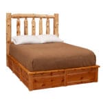 Side view of handcrafted wood platform bed with log frame