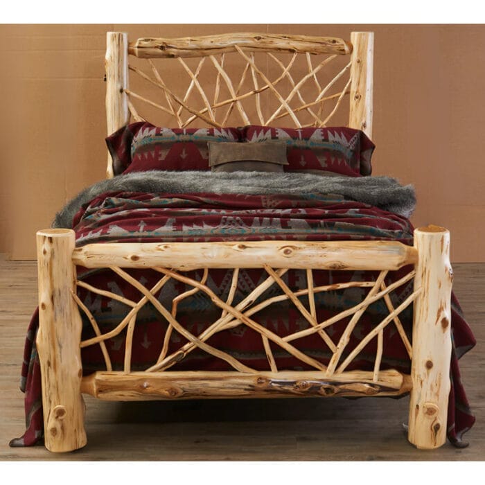 Close-up of decorative twig accents on headboard