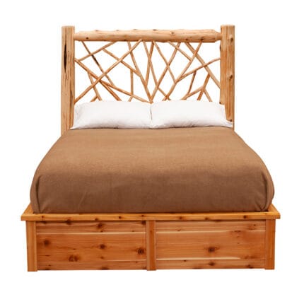 Cedar Log Twig Platform Bed in rustic cabin bedroom