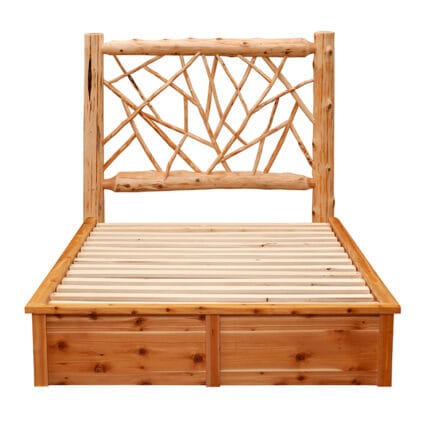 Close-up of decorative twig accents in the headboard