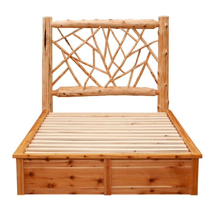 Close-up of decorative twig accents in the headboard