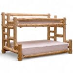 Voyageur Tipi Log Bunk Bed with built-in stairs in rustic bedroom