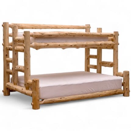 Voyageur Tipi Log Bunk Bed with built-in stairs in rustic bedroom