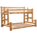 Cedar log bunk bed with stairs leading to top bunk