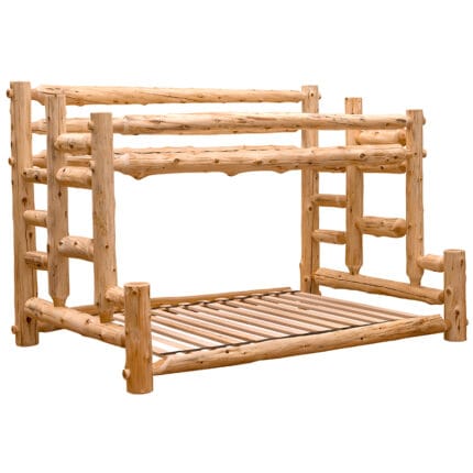 Cedar log bunk bed with stairs leading to top bunk
