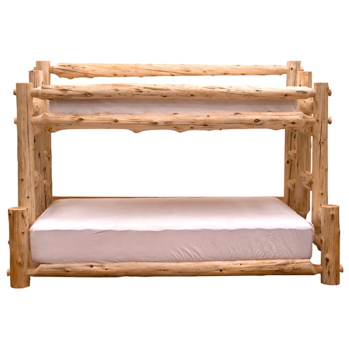 Hand-peeled cedar logs forming tipi-style bunk bed frame