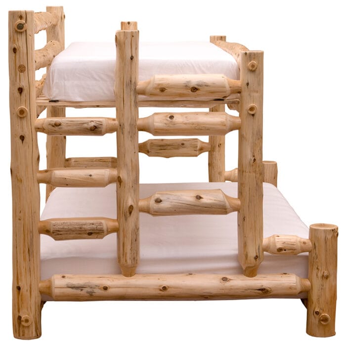 Queen over Queen log bunk bed with rustic staircase design
