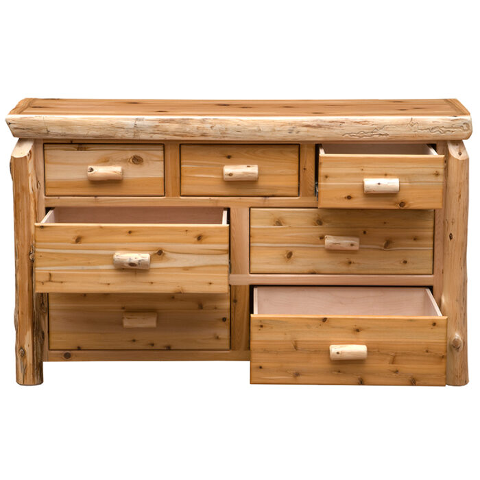 Solid cedar log dresser for cabin or lodge bedroom
