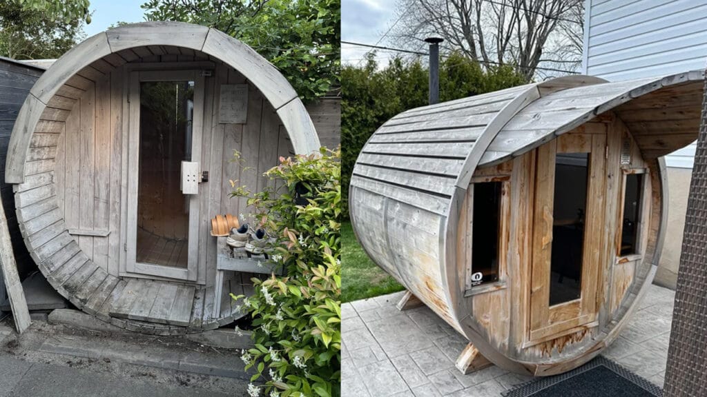 Side-by-side of a cheap kit sauna vs. Cedar Sense barrel sauna