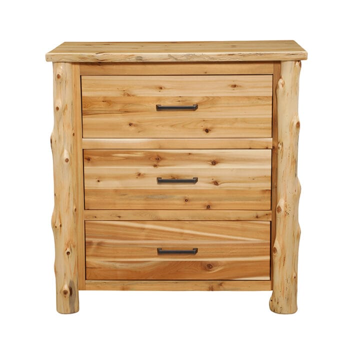 Cabin bedroom featuring a cedar Headwaters 3 drawer chest