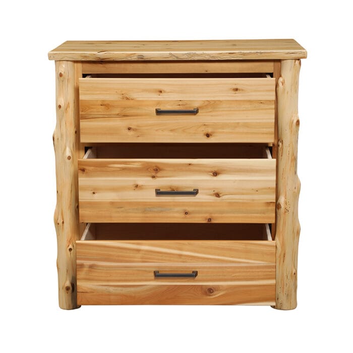 Close-up of log frame and drawer handles on cedar 3 drawer chest