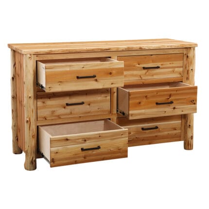 Close-up of cedar log texture on headwaters dresser