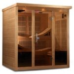 Exterior front view of Golden Designs Monaco 6-Person infrared sauna.