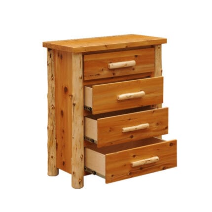 Lodge-style four drawer wooden chest for rustic bedrooms