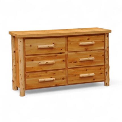 Cedar log six drawer dresser showcasing rich grain and knots