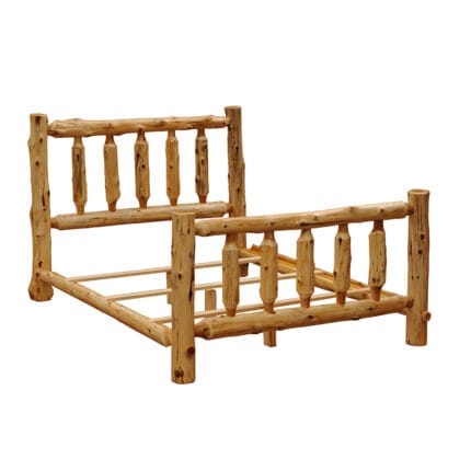 Footboard of log cabin bed with natural cedar knots