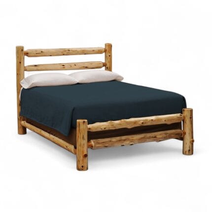 Cedar log headboard with vertical spindle design