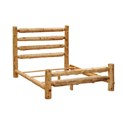 Footboard of handcrafted rustic bed frame in clear finish