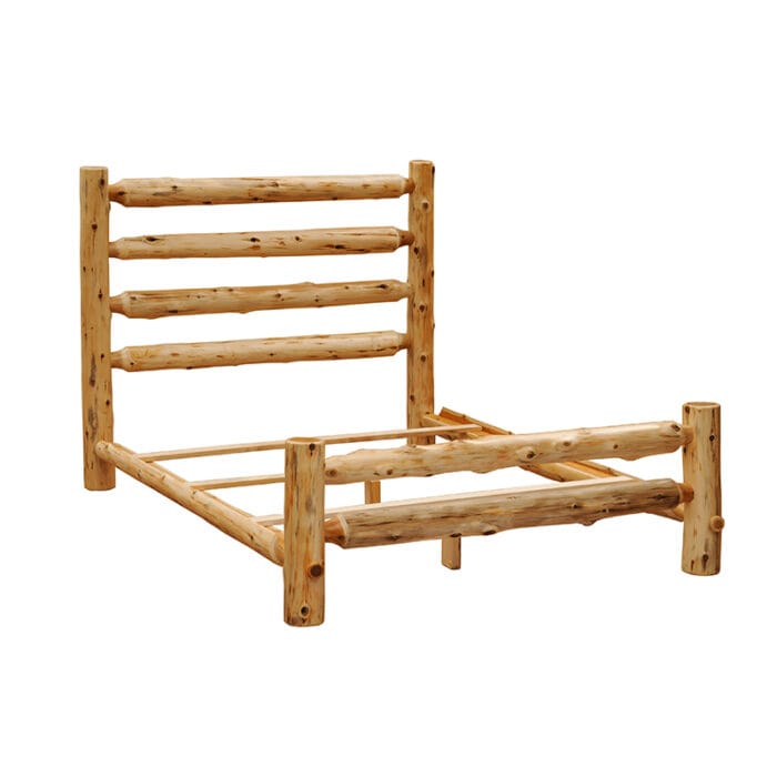 Footboard of handcrafted rustic bed frame in clear finish