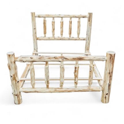 Headboard of unassembled cedar log bed frame with spindle design