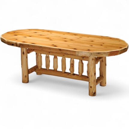 Handcrafted oval rustic table made from cedar logs